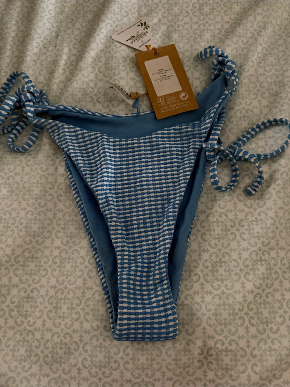 Blue and White Gingham Tie-Side Bikini Bottom